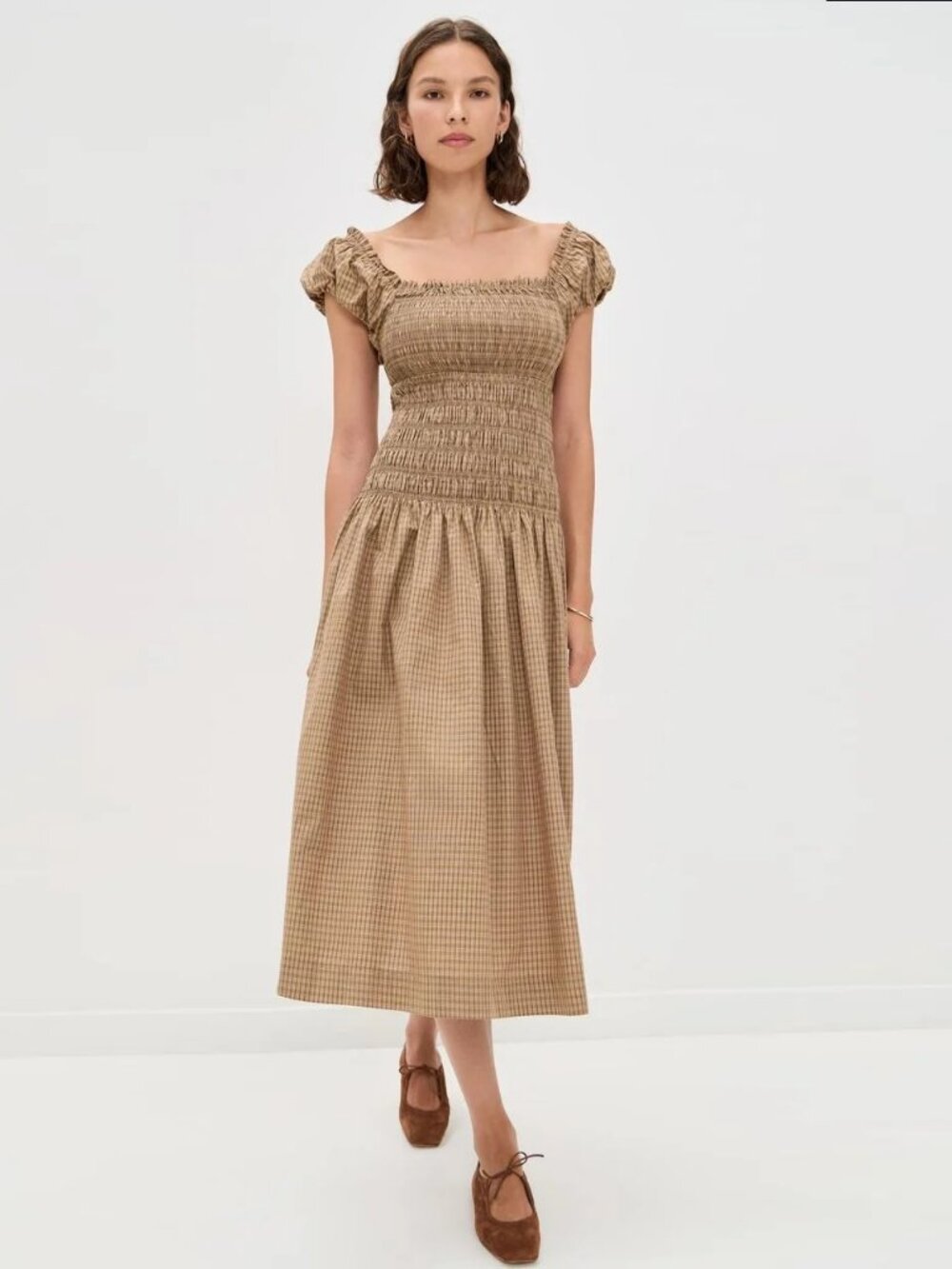 WAYF Smocked Drop-Waist Midi Dress (size M)